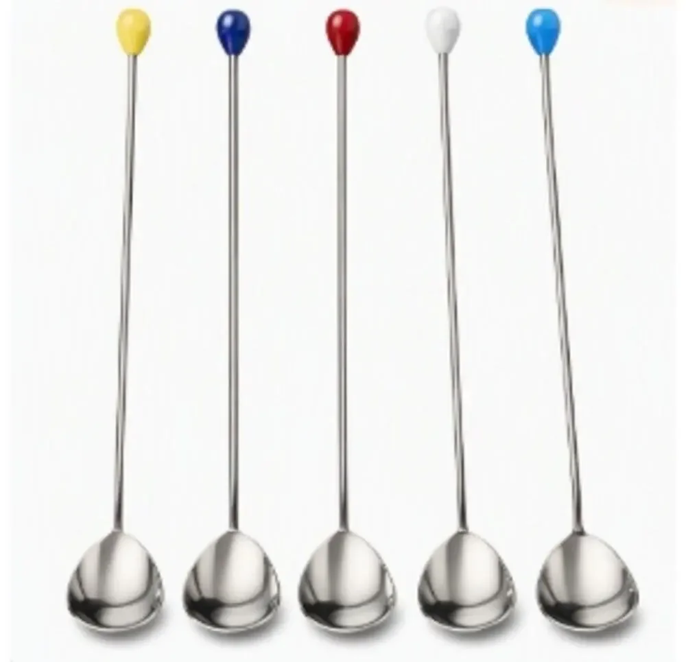 Set of 5 Long-Handled Cocktail Dessert Spoons Stainless Steel with Color Knobs